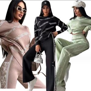 Chándales de mujer 2023 Otoño/Invierno nueva moda carta Jacquard tejido conjunto de mujer pantalones de pierna ancha sueltos conjunto de dos piezas para mujer