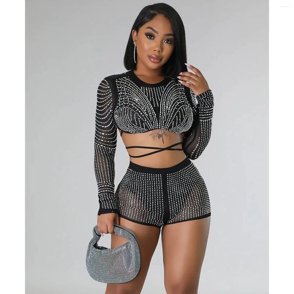 Survêtements pour femmes 2023 haut de gamme évasé noir sexy club diamants chemise courte à manches longues bandage croix pantalon court femme 2 pièces ensemble