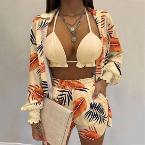 Survêtements pour femmes 2023 Ensembles de shorts de plage taille haute Maillot de bain pour femmes Trois pièces Maillots de bain Sexy Beachwear Maillot de bain Cover Up Summer