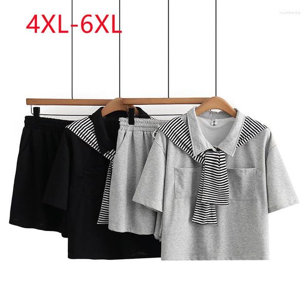 Survêtements pour femmes 2023 dames printemps été grande taille hauts pour femmes grandes manches courtes col en v noir Blouse Shorts 4XL 5XL 6XL