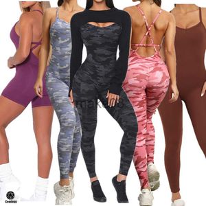 Dames Trainingspakken 2023 Pad Backless Yoga Set Bodysuit Body Training Fitness Camo Eendelig Jumpsuit Dansen Crop Tops met lange mouwen Vrouwelijk Yogapak J230720