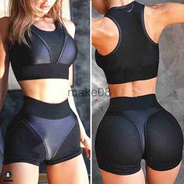 Survêtements pour femmes 2023 Pad Faux Cuir Femmes Sportwear Mesh Yoga Set String Taille Haute Shorts Gym Fitness Vêtements Survêtement Active Suits J230720