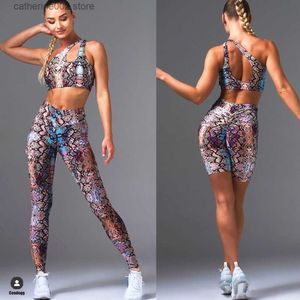 Survêtements pour femmes 2023 peau de serpent une épaule ventre soutien-gorge de sport femmes ensembles Gym taille haute croix pantalon Fitness Leggings exercice ActiveSuit T230605