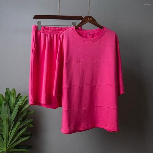 Chándales de mujer 2023 verano mujer moda sudor conjunto casual manga corta pantalones trajes chándal de dos piezas sólido cuello redondo conjuntos rosa trajes
