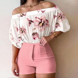 Survêtements pour femmes 2023 Top Qualité Sweet Young Sexy Retro Print Salopette ShirtShort Slash Neck Short Sleeve Pants Slim Women 2-Piece Set