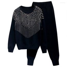 Survêtements pour femmes 2023 hiver perle gland pull ensemble femmes à manches longues tricoté hauts pullover pantalon survêtement mode deux pièces