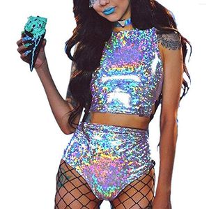 Dames tracksuits 2023 Women Rave Holographic Bodysuit Mini 2pcs Hologram Metallic Crop Top en shorts Outfits voor dansfeestclubkleding