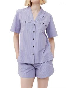Survêtements pour femmes 2023 femmes rayé violet chemisier ou short ensemble dames col cranté simple boutonnage chemise élastique décontracté pantalon court