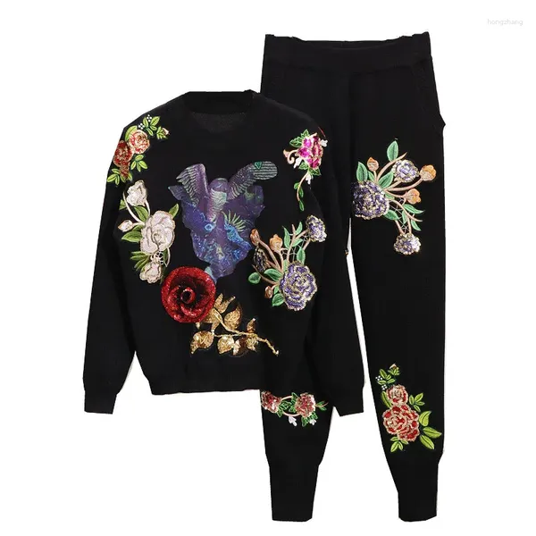 Trajes de mujer 2024 otoño ropa de mujer moda lentejuelas bordado flor punto suéter pantalones casuales para mujer trajes de dos piezas