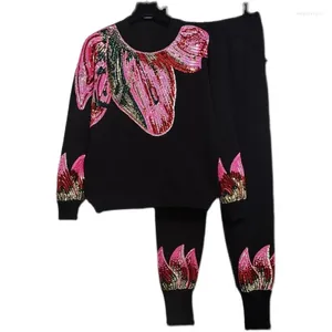 Costumes pour femmes 2024 Tricots 2 pièces Costumes Automne Femmes Mode Paillettes Pull chaud Pantalon ample Casual Ensembles tricotés Grande taille