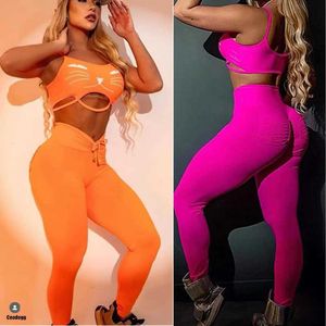 Survêtements pour femmes 2024 Nylon 1 / 2PC Pad Sports Cat Sports Bra Yoga Set Femmes Gym Pocket Taille Haute Pantalon d'exercice Fitness Leg Activité Vêtements J240305