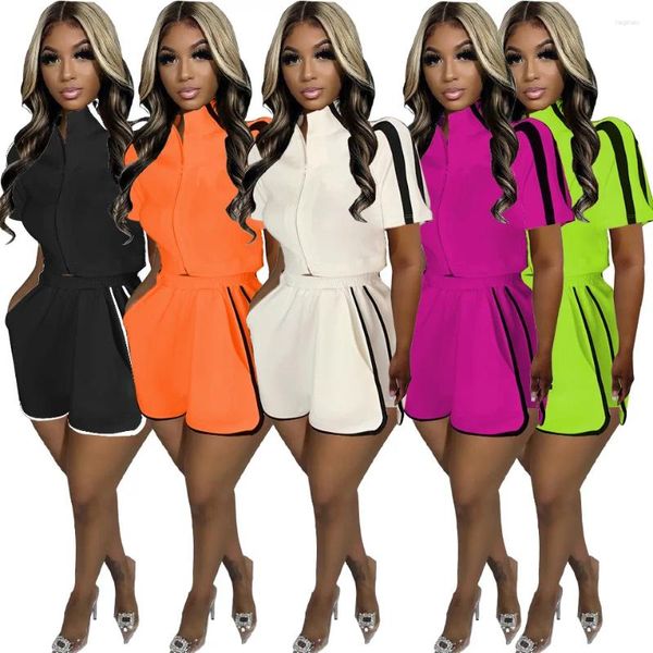 Tracksuits pour femmes 2024 Summer Women Tracksuit Set Two Piece Set Struited Turn Down Collar et Pantalons courts Vêtements pour tenue