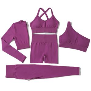 Chándales para mujer Conjunto de 235 piezas Ropa de yoga sin costuras Femal Ropa interior deportiva Sujetador Cintura alta Pantalones de elevación de cadera Fitness Leggings de manga larga 230215