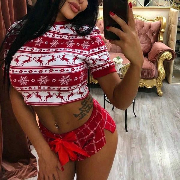 Chándales para mujer 2 unids Mujeres Conjunto de impresión navideña Top de manga corta y pantalones con cordón Camisa de rayas de reno de Navidad Año del tanque Traje de sudadera sexy