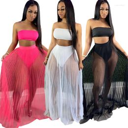 Spares de canciones para mujeres 3pcs/set Summer Beach Wear Sets Long Falda Sets Sexy Tube Top Breve Ver a través de Faldas de malla plisadas Fiesta de la noche