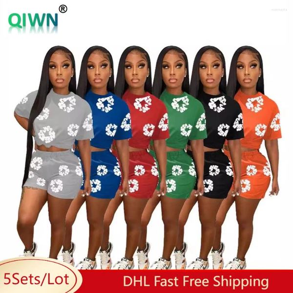 SOBRE DE PISTAS MUJERES 5Sets Bulk Bylefe Printing Short Short Shub Women Summer Manga Camiseta Shorts Outfits femenino Streetwear