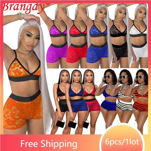 Survêtements pour femmes 6 ensembles d'articles en gros en vrac Sexy Shorts Set 2 pièces 2023 Tenues d'été pour femmes Stripe Print Bra Suits Survêtement Y2k