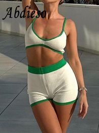 Survêtements pour femmes Abdieso Summer Beach Tricoté Ensembles Courts Casual Deux Pièces Ensemble Femmes Tenues 2023 Blanc Dos Nu Crop Top Et Assorti