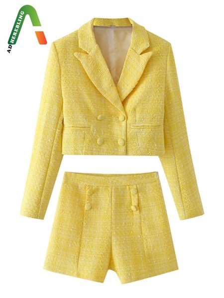 Survêtements pour femmes Costume adhérent 2022 Automne Femmes 2 pièces Ensemble recadrée Veste en tweed Double boutonnage Blazers Ajustés Shorts Femme OL Style