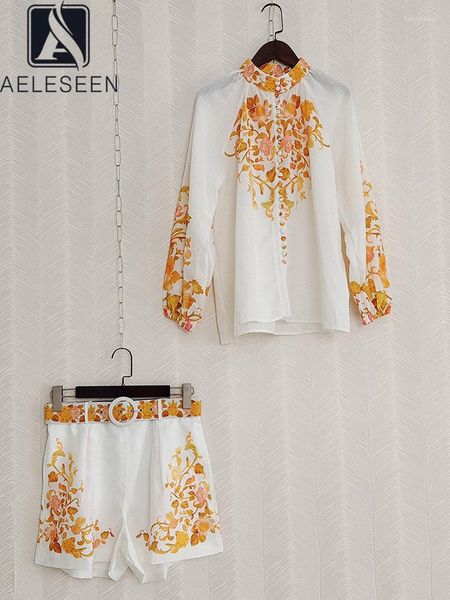 Chándales de mujer AELOSEEN Diseñador Moda Mujer Conjunto Primavera Verano Amarillo Estampado de flores Blusa Cintura alta Pantalones cortos Cinturón Casual Vacaciones