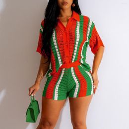 Survêtements pour femmes Amazon vendant des vêtements européens et américains sexy évider perspective contraste polo tricoté ensemble de shorts