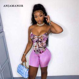 Tracksuits voor dames Anjamanor Vintage Aesthetic Print Crop Top en Biker Shorts 2-Piece Sets Women Summer Clothing 2021 Sexy Club Outfits D21-CB20 P230419