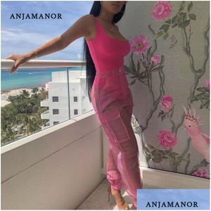 Tracksuits voor dames Anjamanor y Tweede stuk set Bodysuit Top en mesh broek Neon Pink Green Summer 2 Club Outfits Matching Sets D59-AB72 Dhcey