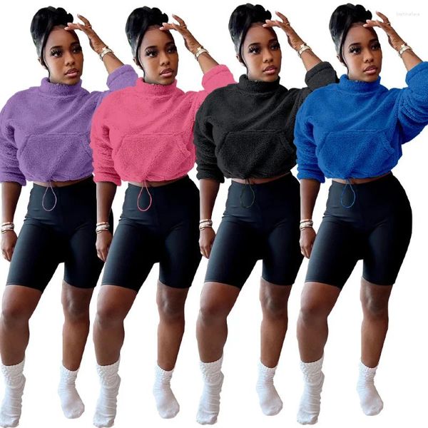 Survêtements pour femmes Automne Hiver Solide Polaire Fourrure Survêtement Femmes Casual Sport Col Roulé Cordon Poches Crop Top Shorts Skinny Deux