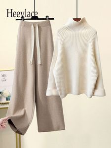Women's Tracksuits Autumn Winter Warm Knitted Suit Women Long Sleeve Half Turtleneck Knitting Sweater And Wide Leg Pants Sets Outer Wear Loose Set 230220