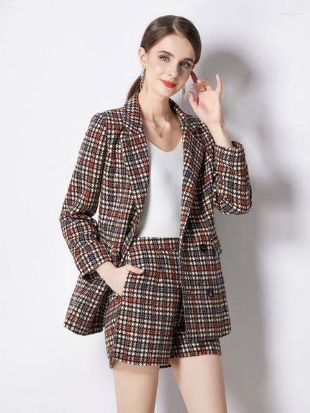 Survêtements femme automne hiver femmes Vintage Plaid Tweed 2 pièces ensemble à manches longues laine veste manteau poche Shorts costumes