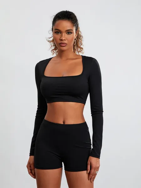 Survêtements pour femmes Barbotimer Femmes S Two Piece Outfit Set à manches longues à manches longues Crop Tops Skinny Shorts Ensembles Yoga Vêtements d'entraînement