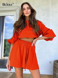 Survêtements pour femmes Bclout Coton Orange Shorts Ensemble Femme 2 Pièces D'été Lanterne Manches Sexy Crop Tops Froncé Jambe Large Femmes Tenues De Mode