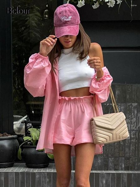 Bclout été rose à volants Shorts ensembles femmes 2023 mode lin lanterne manches lâche Blouses décontracté coton large jambe costumes