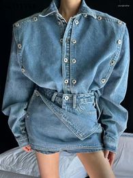 Les survêtements pour femmes bgteever fashion fashion dames 2 pièces ensemble à manches longues à double poitrine de vestes en jean mini-short jupe vintage