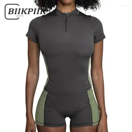 Les survêtements féminins Biikpiik Motobiker Contrasting Shorts sets sportifs Slim Fit Two Piece Costumes Zipper à manches courtes Tee Elastic