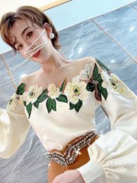 Tracksuits voor dames Brown Shorts Sets Women 2 -Piece Suits 2022 Autumn Fashion Mesh Patch Floral Long Sleeve Abrikoos Blouse -strass Rijntonen