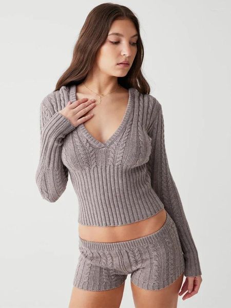 Survêtements pour femmes Câble Cloud Pull en tricot Femmes Sweat-shirt tricoté Ensemble à manches longues Col en V à capuche Skinny Pantalon court Costume Casual Deux pièces