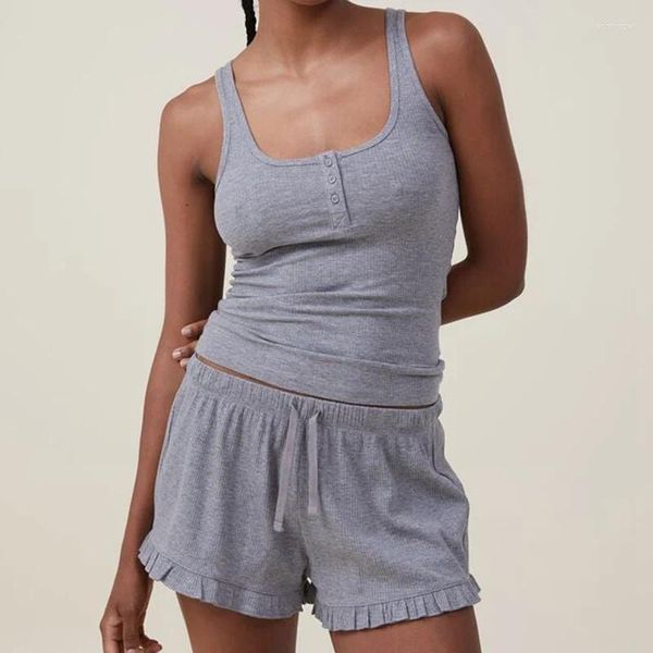 Damen-Trainingsanzüge, lässiges 2-teiliges Set, Loungwear, Damen-Rippstrick, ärmellose, verkürzte Tanktops, Rüschensaum, Shorts, Pyjamas, bequeme Nachtwäsche