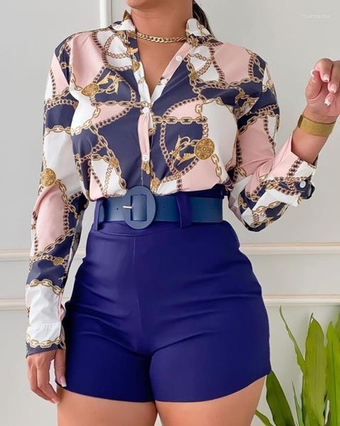 Chándales de mujer Bufanda informal Estampado de cadena Camisa con botones Conjunto de pantalones cortos para damas de verano Europa y América Viaje diario Moda simple