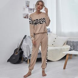 Women's Trainingspakken Casual Solid Brown O-hals Patchwork Leopard Pullover Home Woman's Set1