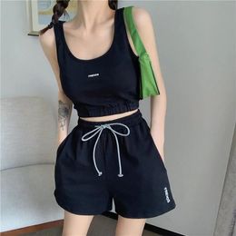 Tracksuits voor dames Casual Solid Sportswear Two -Piece Sets Women 2023 Crop Top en Drawtring Shorts Matching Set Summer Girl Suit joggen Cl