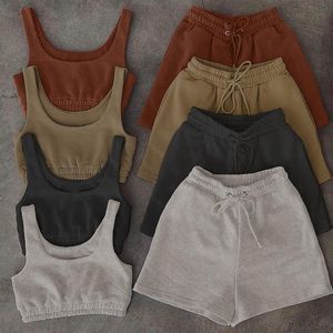 Casual Solid Sportswear Two -Piece Tracksuits Women Crop Top en Drawstring Shorts Matching Set Summer Athleisure Outfits