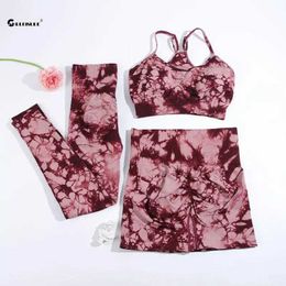 Tracksuits voor dames cheissure 2/3 stuk veter dye yoga set naadloze sportset dames elastische gym sportfitness set outdoor running sportkleding 240424