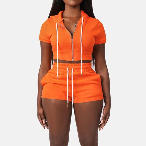 Chándales de mujer Chic y elegante naranja de dos piezas Jogging conjunto de mujer cremallera Sudadera con capucha Tops cortos 2023 verano gimnasio pantalones cortos sudadera deportiva