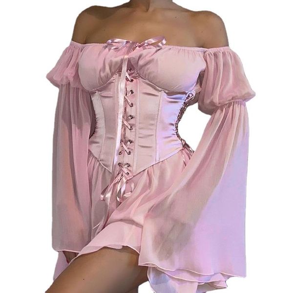 Suits de survêtement pour femmes en mousseline de mousseline Slash Neck Robe Femme Summer Bage Vacanes Long Manches Corset Bandage Sundress Party Robes décontractées Pink