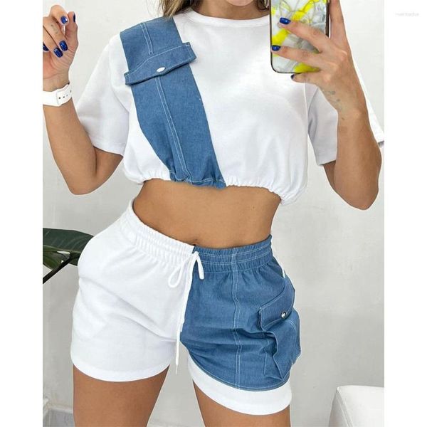 Survêtements pour femmes CINESSD 2023 Col rond à manches courtes Ventre-Baring Top Taille haute Short à lacets Denim Couture Casual Costume deux pièces