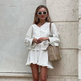 Survêtements pour femmes CINESSD 2023 vêtements pour femmes costume d'été Beige à manches longues chemise décontractée ample taille haute Shorts ensemble deux pièces