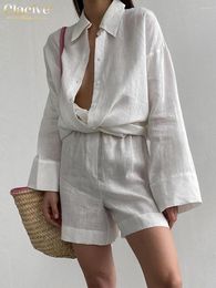 Chándales de mujer Clacive Casual de lino blanco, traje de verano para mujer, conjunto de pantalones cortos de cintura alta holgados a la moda, blusa elegante de manga larga de dos piezas