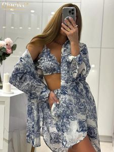 Survêtements pour femmes Clacive Fashion Loose Print 3 pièces Ensembles Femmes Outfit 2024 Élégant Chemise à manches longues Soutien-gorge avec taille haute Ensemble de shorts