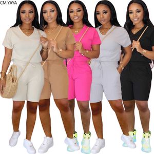 Tracksuits voor dames CM.YAYA VROUWEN STAAN ZOMER Tracksuits V-Neck T-shirtsandpocket Shorts Pak Two Piece Set Club Party Sportswear Street 2 PCS Outfits P230419